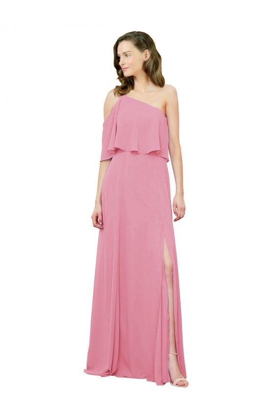 Sleeveless One Shoulder Soft Chiffon Skin Pink Long Bridal Party Dress Bath