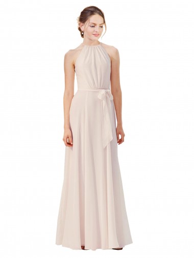 Sleeveless High Neck Soft Chiffon Cream Pink Long Bridesmaid Dress Bath
