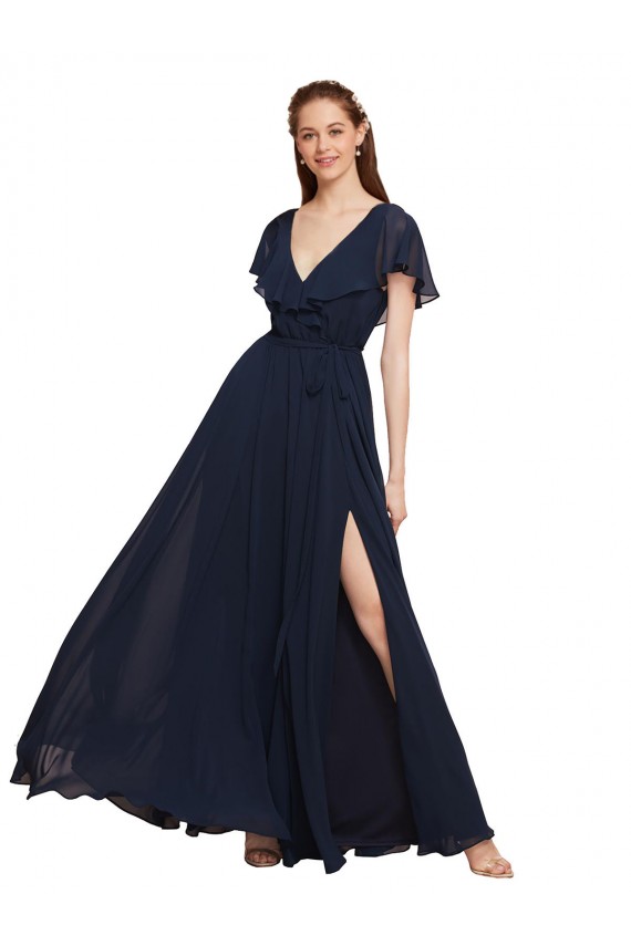 Cap Sleeves V-Neck Chiffon Dark Navy Long Evening Gowns / Bridesmaid Dresses Bath