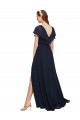 Cap Sleeves V-Neck Chiffon Dark Navy Long Evening Gowns / Bridesmaid Dresses Bath
