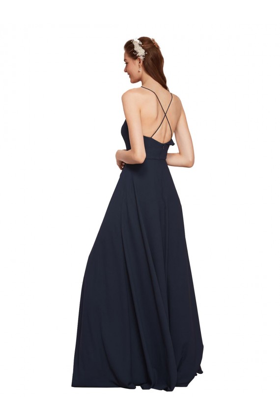 Sleeveless V-Neck Soft Chiffon Dark Navy Long Bridesmaid Dresses Bath