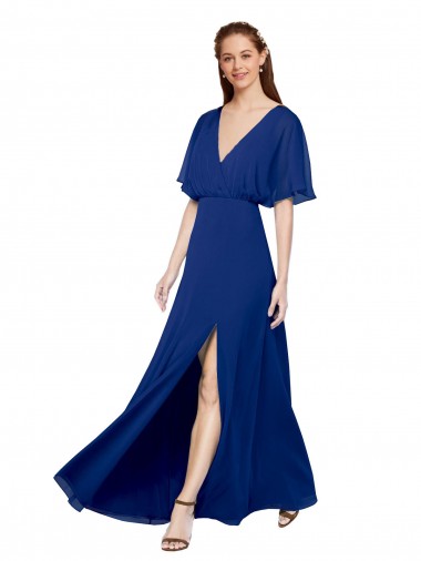 Flutter Sleeves V-Neck Chiffon Royal Blue Long Bridesmaid Dress / Evening Gowns Bath