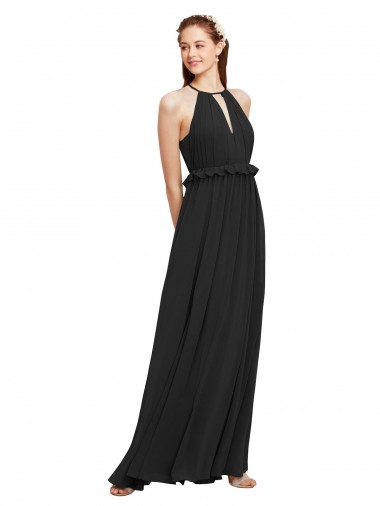 Sleeveless Halter Neck Soft Chiffon Black Long Bridesmaid Dress Bath