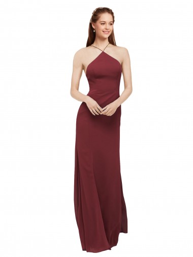 Sleeveless Halter Neck Soft Chiffon Burgundy Long Formal Dress / Bridesmaid Dress Bath