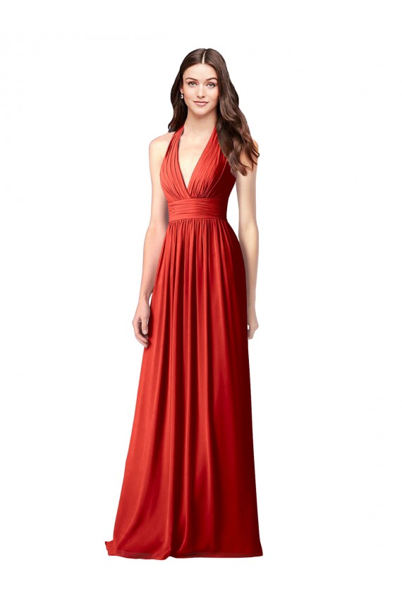 Sleeveless V-Neck Soft Chiffon Red Long Bridesmaid Dress / Formal Dress Bath