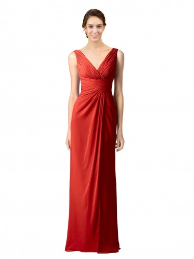Sleeveless V-Neck Soft Chiffon Red Long Bridesmaid Dress Bath