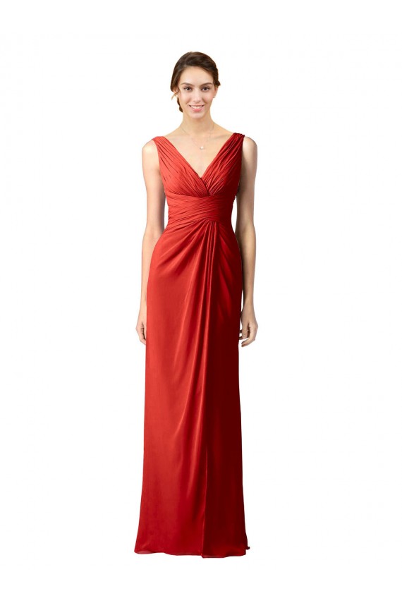 Sleeveless V-Neck Soft Chiffon Red Long Bridesmaid Dress Bath