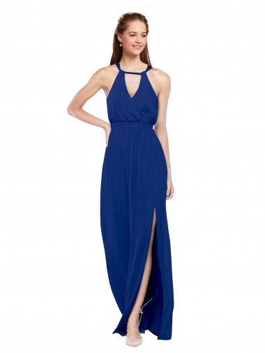Sleeveless High Neck Soft Chiffon Royal Blue A-Line Long Bridesmaid Dress Bath