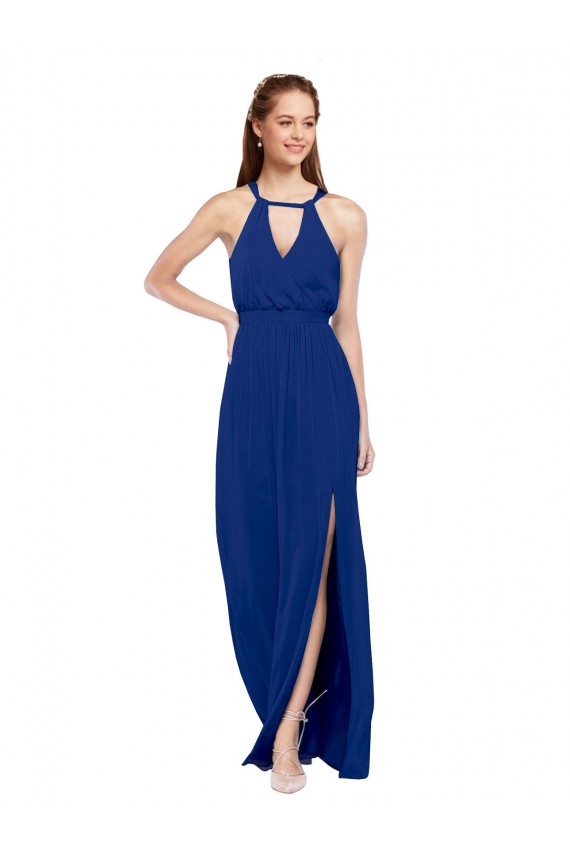 Sleeveless High Neck Soft Chiffon Royal Blue A-Line Long Bridesmaid Dress Bath