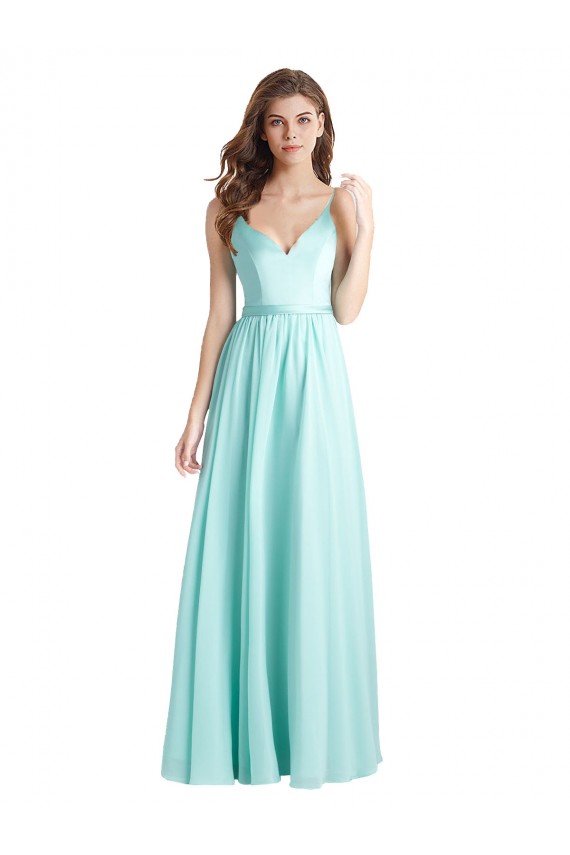 Sleeveless V-Neck Soft Chiffon & Satin Waterfall Long Bridesmaid Dress Bath
