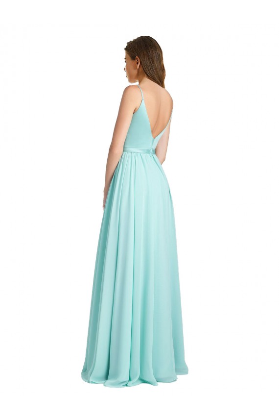 Sleeveless V-Neck Soft Chiffon & Satin Waterfall Long Bridesmaid Dress Bath
