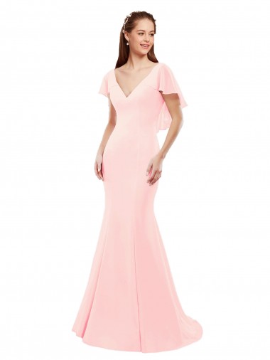Flutter Sleeves V-Neck Soft Chiffon Pink Long Bridesmaid Dress Bath