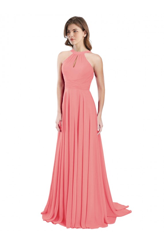 Sleeveless Halter Neck Chiffon Watermelon Long Bridesmaid Dress / Evening Dress Bath
