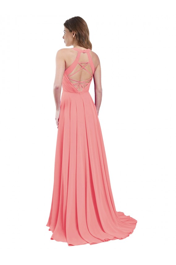 Sleeveless Halter Neck Chiffon Watermelon Long Bridesmaid Dress / Evening Dress Bath