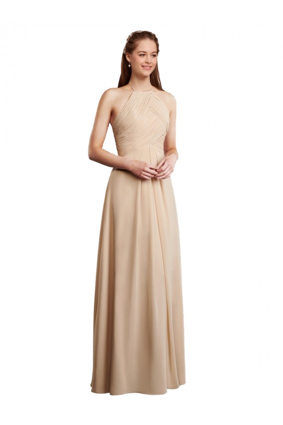 Sleeveless Halter Neck Soft Chiffon Champagne Long Bridesmaid Dress Bath