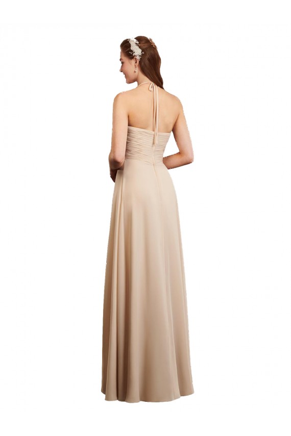 Sleeveless Halter Neck Soft Chiffon Champagne Long Bridesmaid Dress Bath