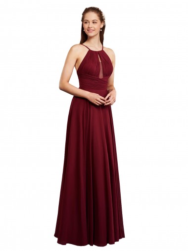 Sleeveless Halter Neck Chiffon Burgundy Long Bridesmaid Dress / Evening Dress Bath