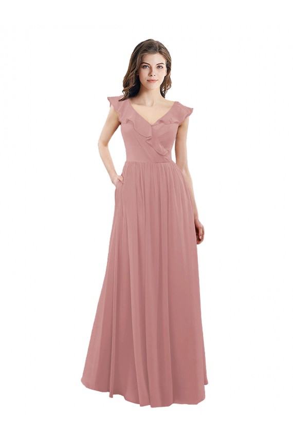 Cap Sleeves V-Neck Soft Chiffon Dusty Pink Long Bridesmaid Dress Bath