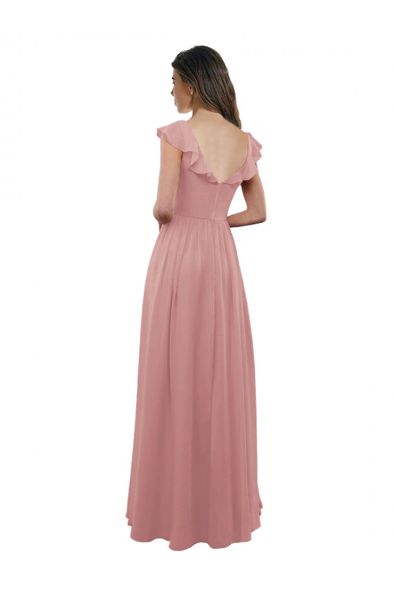 Cap Sleeves V-Neck Soft Chiffon Dusty Pink Long Bridesmaid Dress Bath