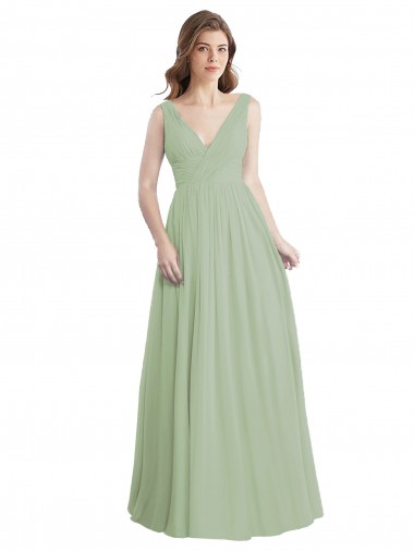 Sleeveless V-Neck Soft Chiffon Smoke Green Long Formal Dress / Bridesmaid Dress Bath