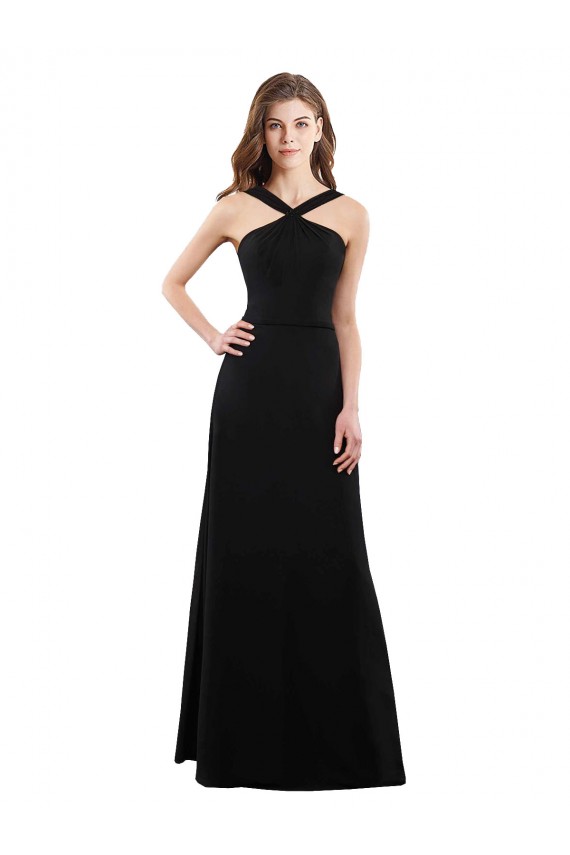 Sleeveless Halter Neck Soft Chiffon Black A-Line Long Bridesmaid Dress Bath
