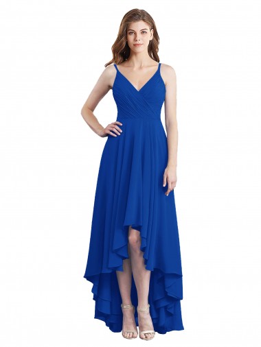 Sleeveless Spaghetti Straps Soft Chiffon Royal Blue Long High Low Bridesmaid Dress Bath