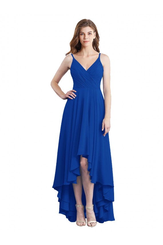 Sleeveless Spaghetti Straps Soft Chiffon Royal Blue Long High Low Bridesmaid Dress Bath