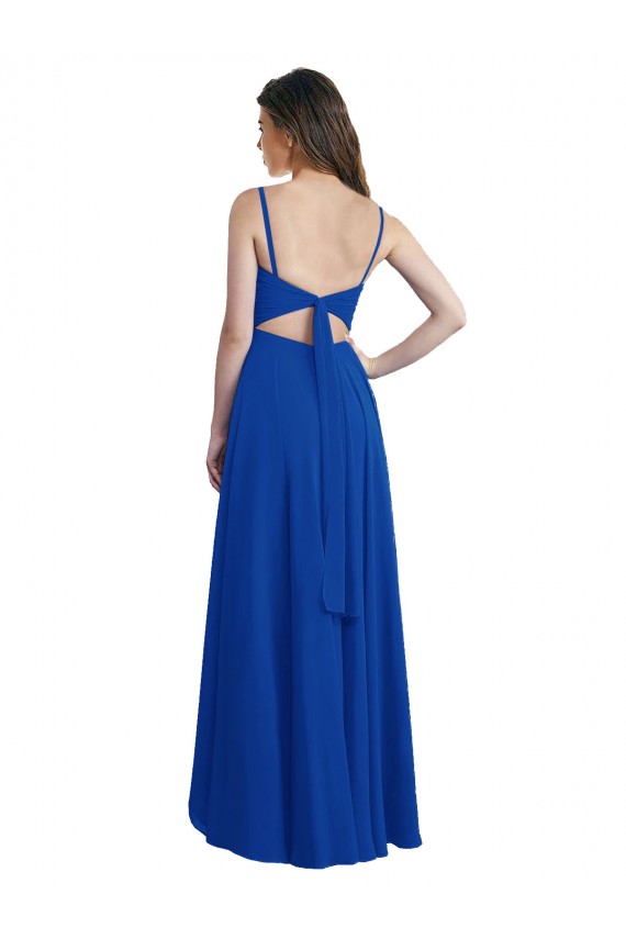 Sleeveless Spaghetti Straps Soft Chiffon Royal Blue Long High Low Bridesmaid Dress Bath
