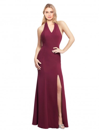 Sleeveless Halter Neck Soft Chiffon Burgundy Mermaid Long Bridesmaid Dress Bath