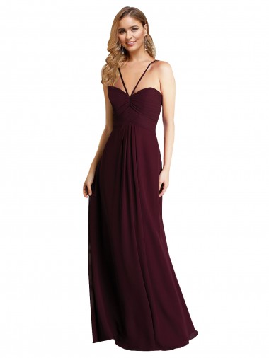 Sleeveless Spaghetti Straps Chiffon Burgundy Gold Long Wedding Party Dress Bath