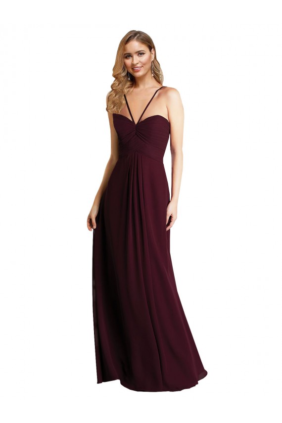 Sleeveless Spaghetti Straps Chiffon Burgundy Gold Long Wedding Party Dress Bath
