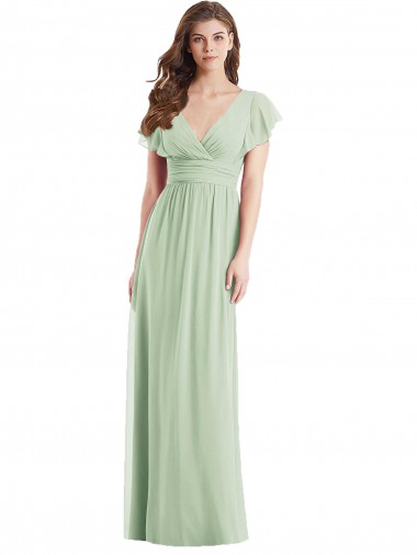 Flutter Sleeves V-Neck Soft Chiffon Sage Long Bridesmaid Dress Bath