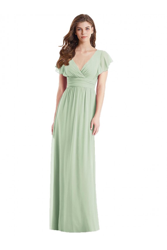 Flutter Sleeves V-Neck Soft Chiffon Sage Long Bridesmaid Dress Bath
