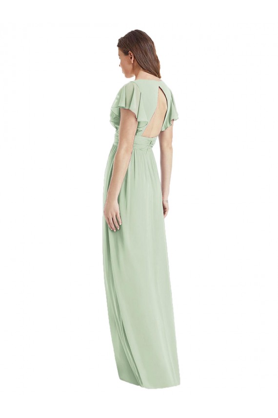 Flutter Sleeves V-Neck Soft Chiffon Sage Long Bridesmaid Dress Bath