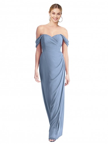 Sleeveless Off the Shoulder Soft Chiffon Dusty Blue Long Semi Formal Evening Dress / Bridesmaid Dress Bath