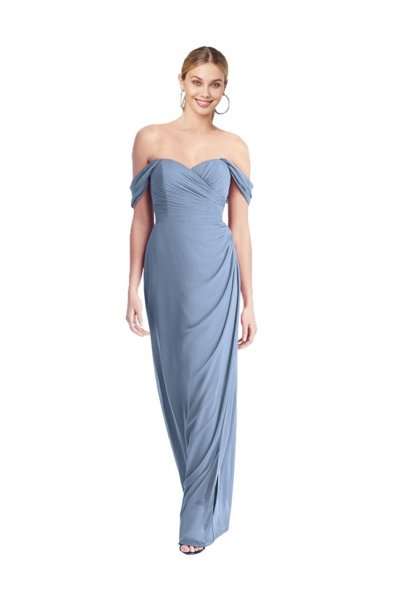 Sleeveless Off the Shoulder Soft Chiffon Dusty Blue Long Semi Formal Evening Dress / Bridesmaid Dress Bath