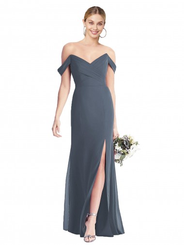 Sleeveless Off the Shoulder Soft Chiffon Silver Stone Long Bridesmaid Dress Bath