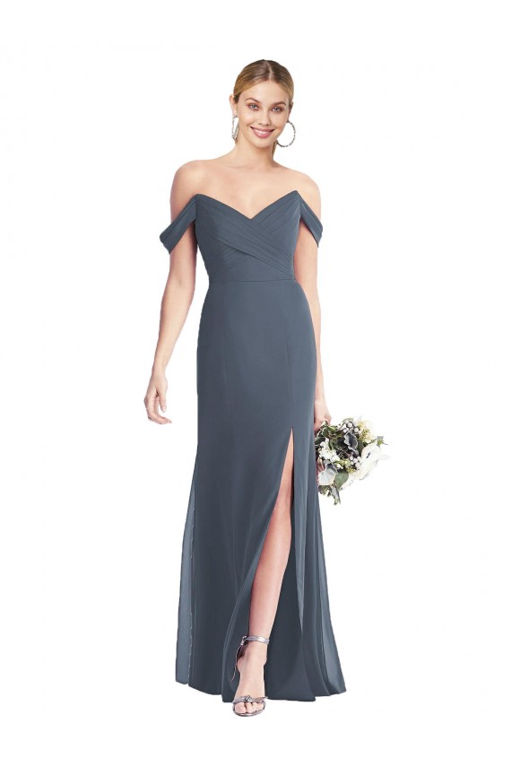 Sleeveless Off the Shoulder Soft Chiffon Silver Stone Long Bridesmaid Dress Bath