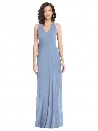 Sleeveless V-Neck Soft Chiffon Dusty Blue Long Formal Evening Gown / Bridesmaid Dress Bath