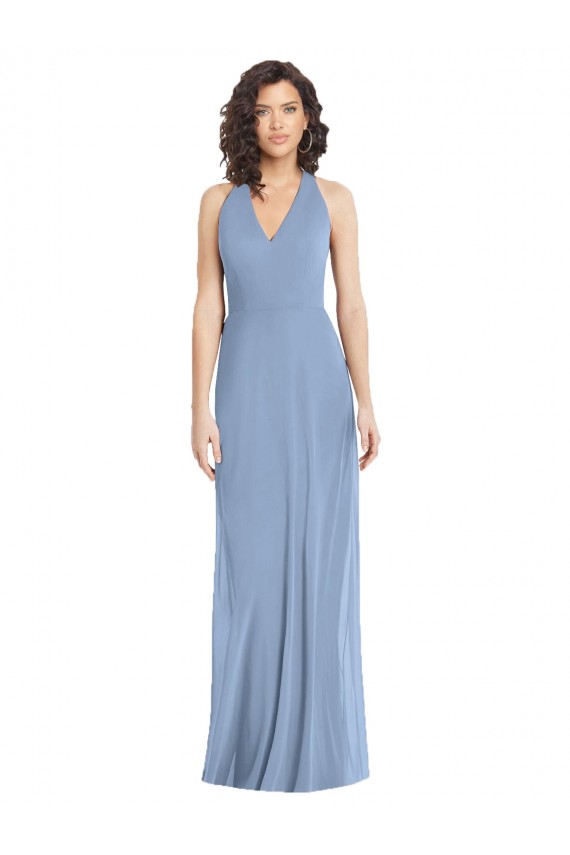 Sleeveless V-Neck Soft Chiffon Dusty Blue Long Formal Evening Gown / Bridesmaid Dress Bath