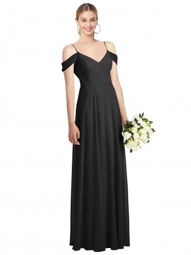 Cold Shoulder Spaghetti Straps Soft Chiffon Black Long Semi Formal Evening Dress / Bridesmaid Dress Bath