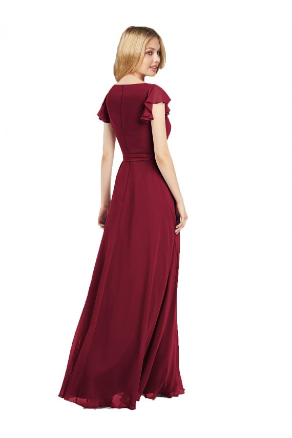 Flutter Sleeves V-Neck Lxue Chiffon Royal Blue Long Bridesmaid Dress Bath
