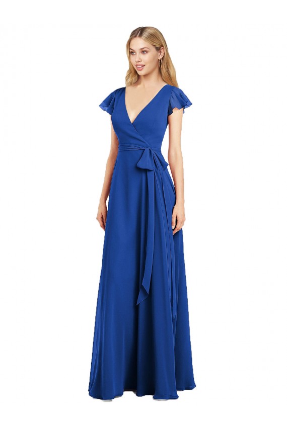 Flutter Sleeves V-Neck Lxue Chiffon Royal Blue Long Bridesmaid Dress Bath