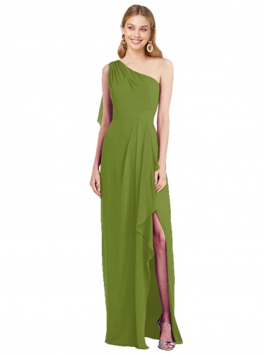 Sleeveless One Shoulder Soft Chiffon Olive Green Long Bridesmaid Dress Bath