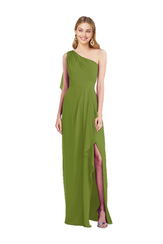Sleeveless One Shoulder Soft Chiffon Olive Green Long Bridesmaid Dress Bath