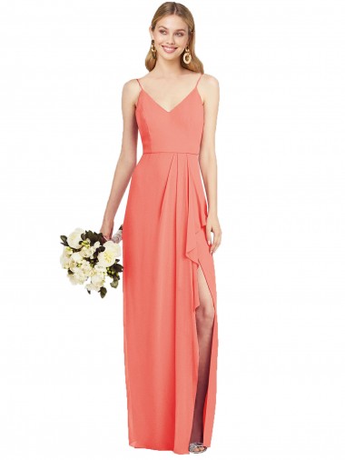 Sleeveless V-Neck Soft Chiffon Coral Long Formal Dress / Bridesmaid Dress Bath