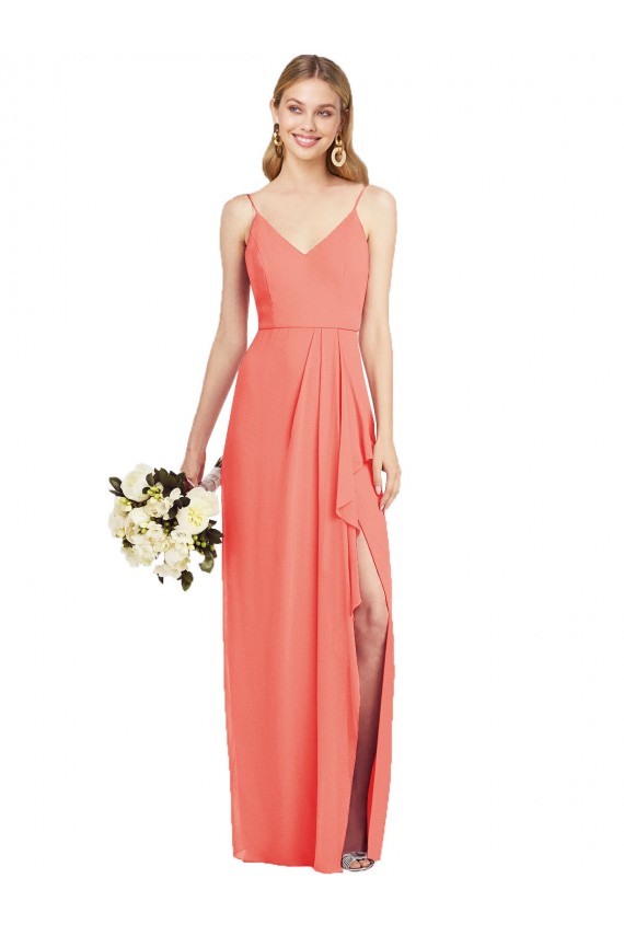 Sleeveless V-Neck Soft Chiffon Coral Long Formal Dress / Bridesmaid Dress Bath