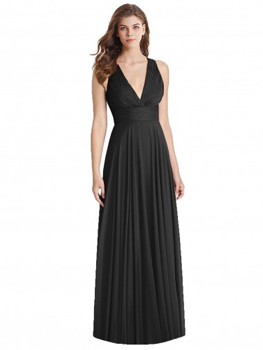 Sleeveless V-Neck Soft Chiffon Black Long Bridesmaid Dress Bath