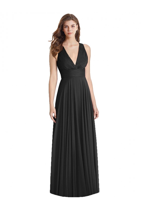 Sleeveless V-Neck Soft Chiffon Black Long Bridesmaid Dress Bath