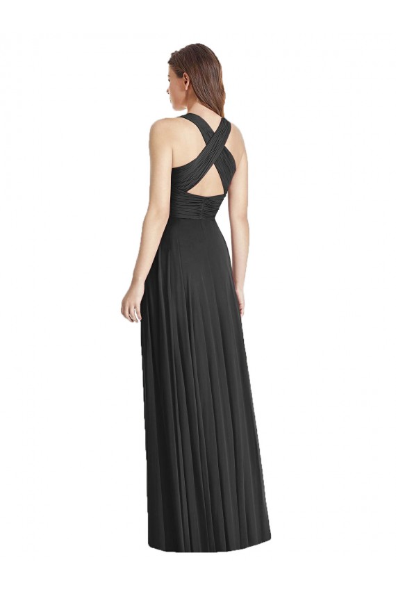 Sleeveless V-Neck Soft Chiffon Black Long Bridesmaid Dress Bath